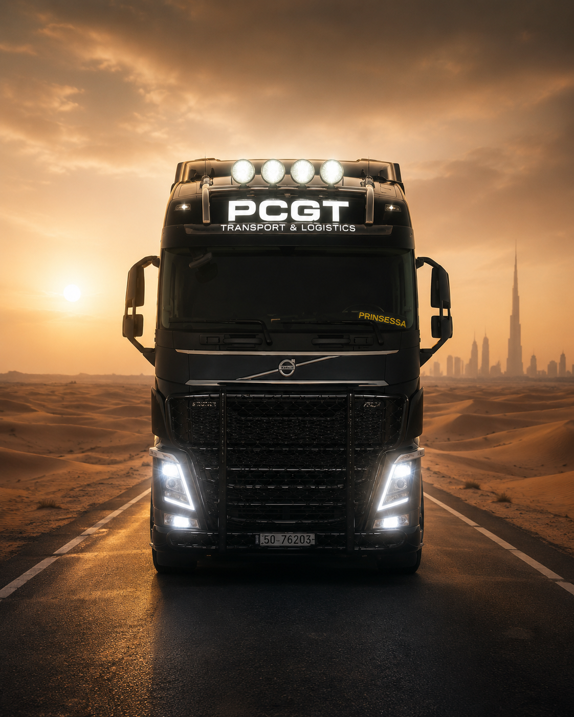 PCGT black Volvo truck with lights on, Dubai skyline behind